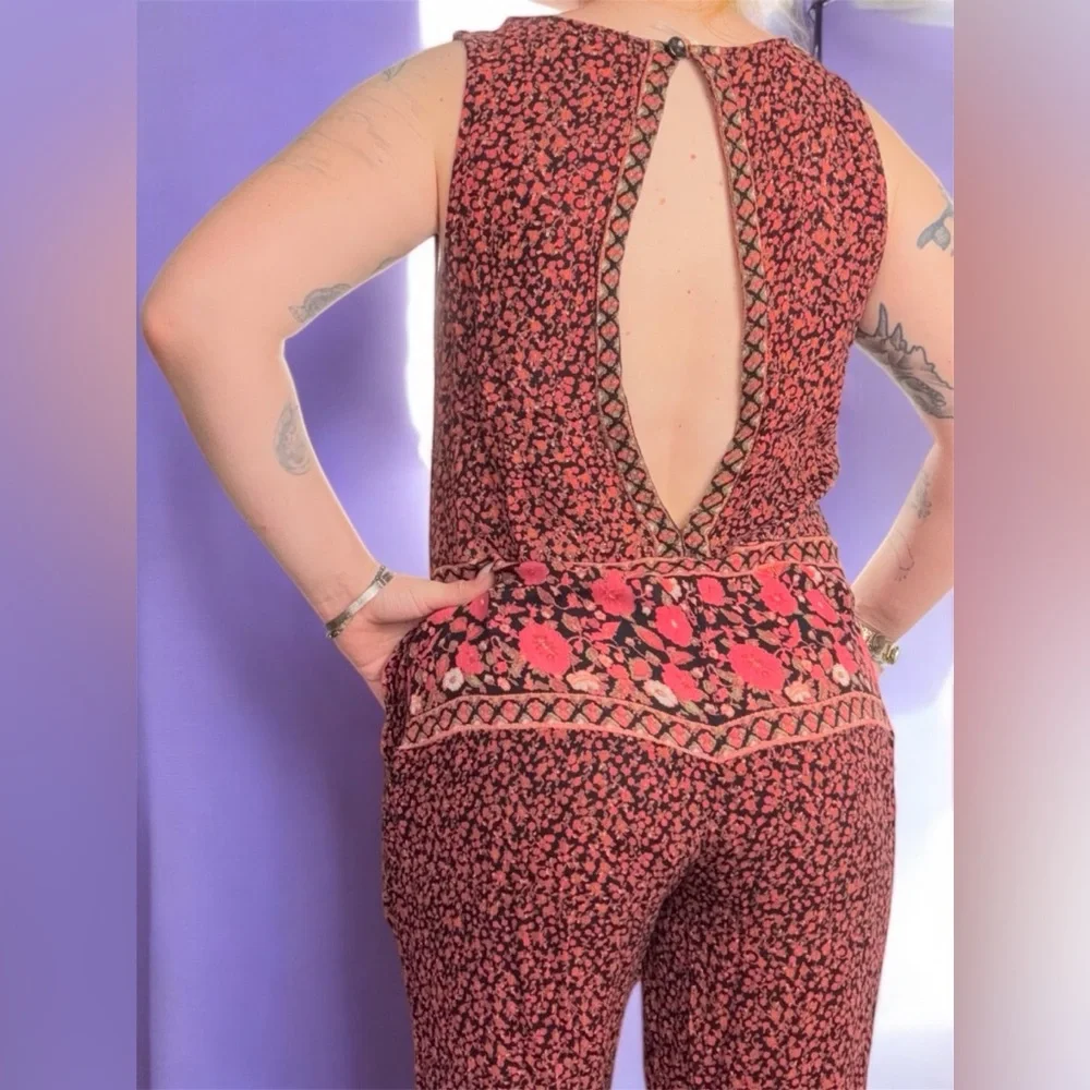 Free People Red Boho Pattern Jumpsuit with V-Neckline and Relaxed Fit Open Back - Picture 3 of 12
